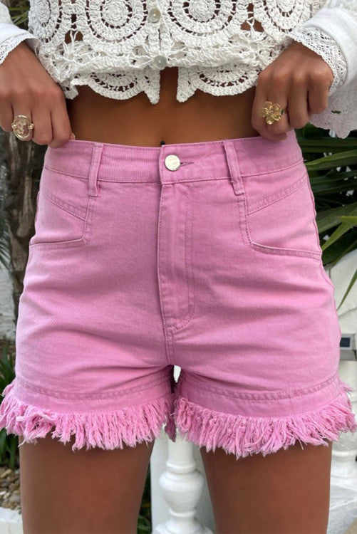 ⭐️𝐓𝐮𝐞𝐬𝐝𝐚𝐲 𝐝𝐞𝐚𝐥 𝐨𝐟 𝐭𝐡𝐞 𝐝𝐚𝐲 Pink Frayed Edge Mid Rise Denim Shorts (originally $64)