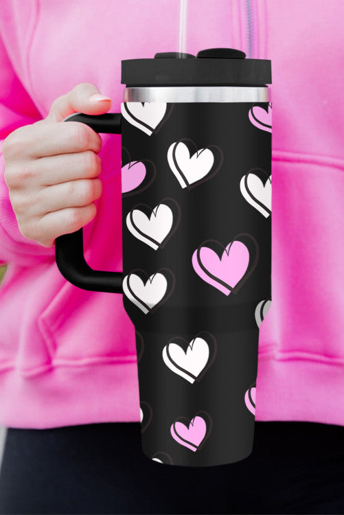 Black  Valentines Heart Printed Thermos Cup with Handle