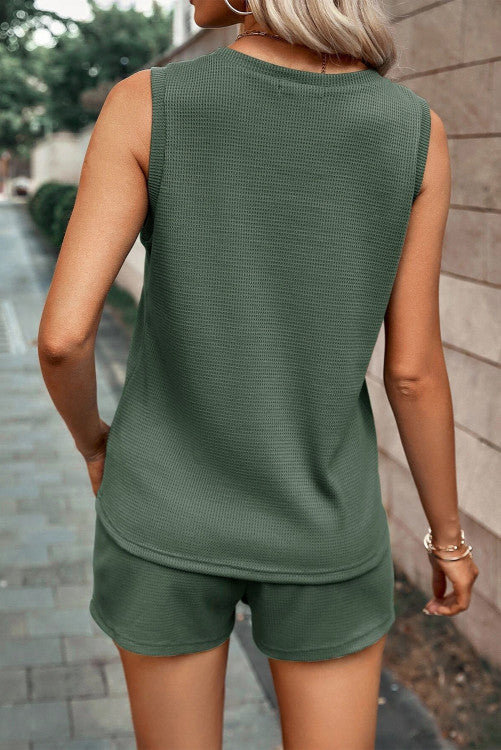 ⭐️ NEW Mist Green Waffle Knit Patched Pocket Tank and Drawstring Shorts Set