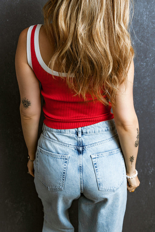 ⭐️ NEW Fiery Red Colorblock Edge Ribbed Knit U Neck Tank Top