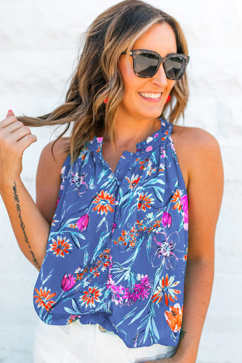 ⭐️ NEW Sky Blue Floral Print Buttoned Neckline Tank Top