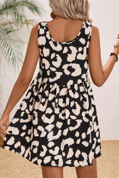 ⭐️𝐍𝐞𝐰 Black Leopard Print U Neck Sleeveless High Waist Dress