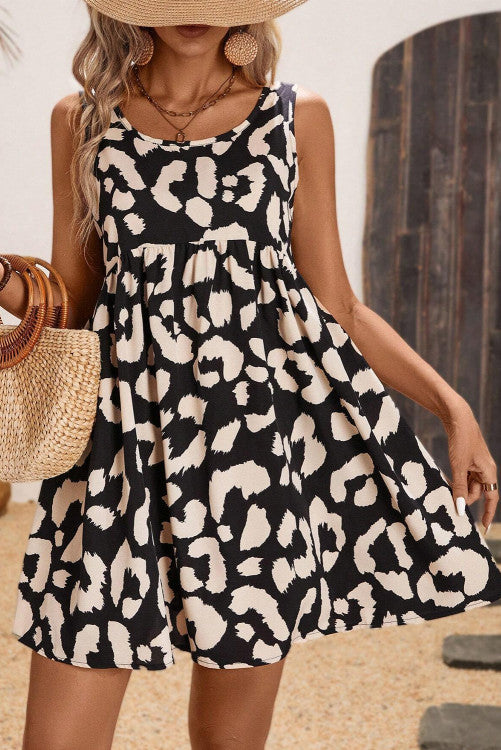 ⭐️𝐍𝐞𝐰 Black Leopard Print U Neck Sleeveless High Waist Dress