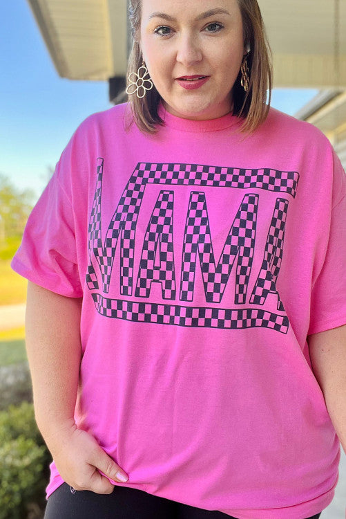 Bright Pink Checker MAMA Letter Printed Graphic Plus Size T Shirt