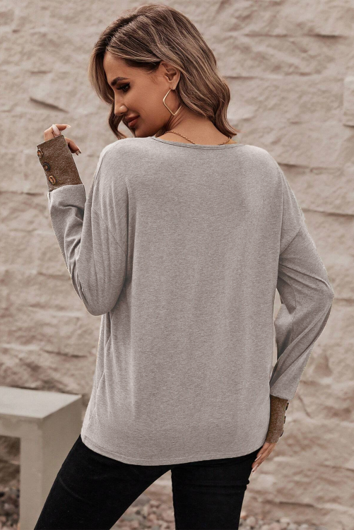 Khaki Contrast V Neck Button Cuffed Long Sleeve Top