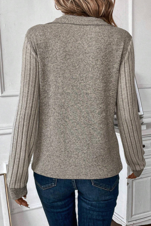 Smoke Gray Solid Color Ribbed Sleeve Collared V Neck Top