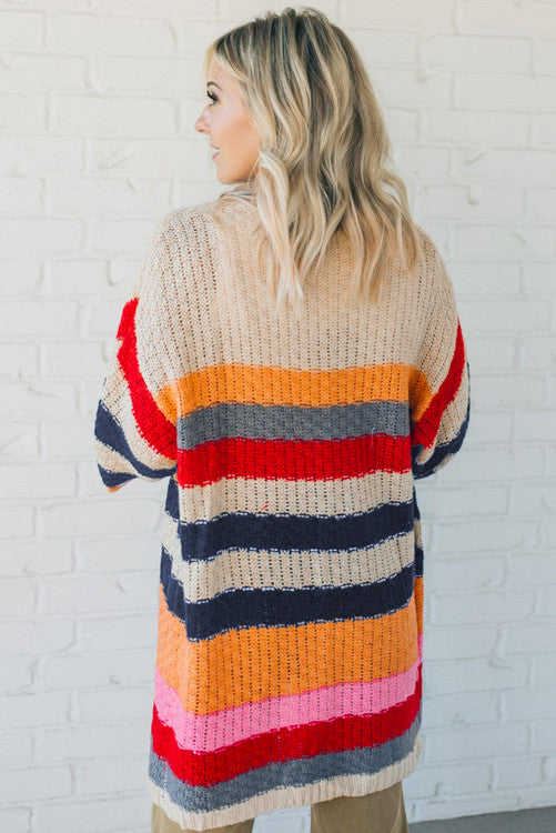 Stripes Knitted Balloon Sleeve Open Cardigan