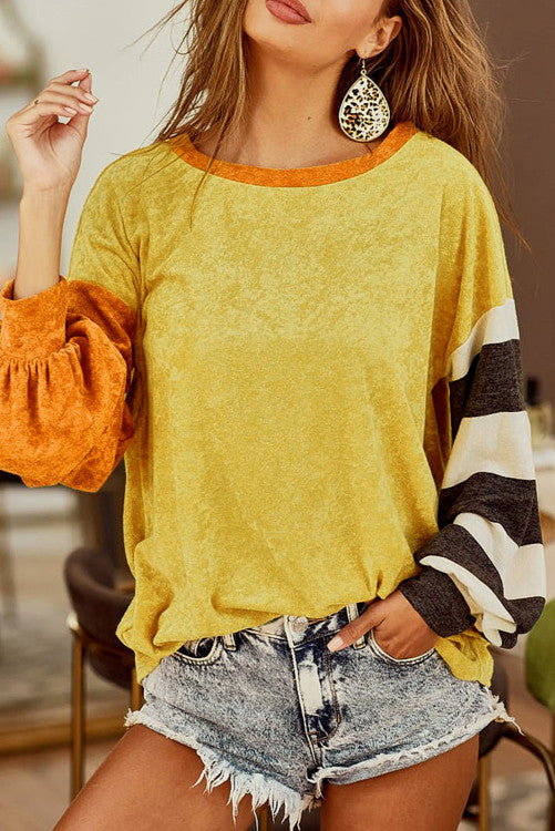 Ginger Colorblock Striped Sleeve Patchwork Drop Shoulder Top