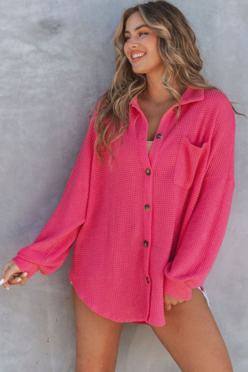 𝐑𝐞𝐬𝐭𝐨𝐜𝐤 Pink Waffle Knit Button Up Casual Shirt