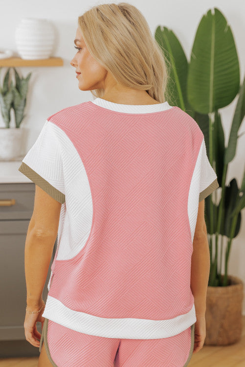 Pink Textured Colorblock Patchwork Tee Two Piece Shorts Set