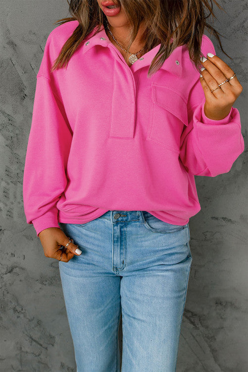 Bright Pink Vintage Mineral Wash Half Button Collared Sweatshirt