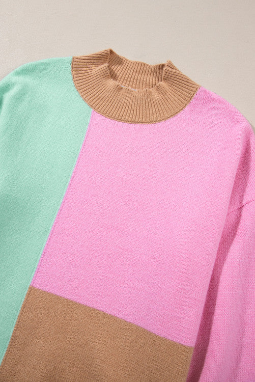 Multicolor Colorblock Mock Neck Ribbed Trim Sweater