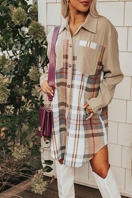 Khaki Plaid Patchwork Long shirt/also used as dress