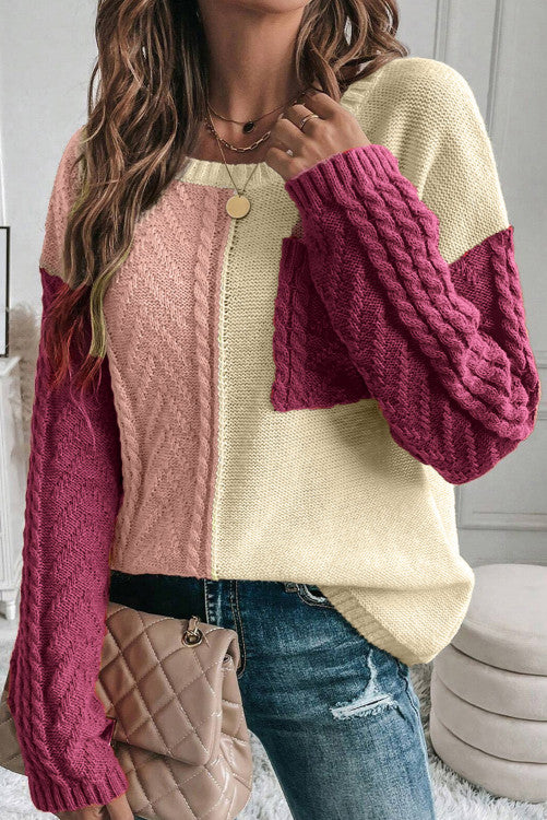 Rose Tan Colorblock Patched Pocket Drop Shoulder Sweater
