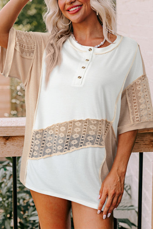 White Lace Splicing Ribbed Patchwork Short Sleeve Henley Top