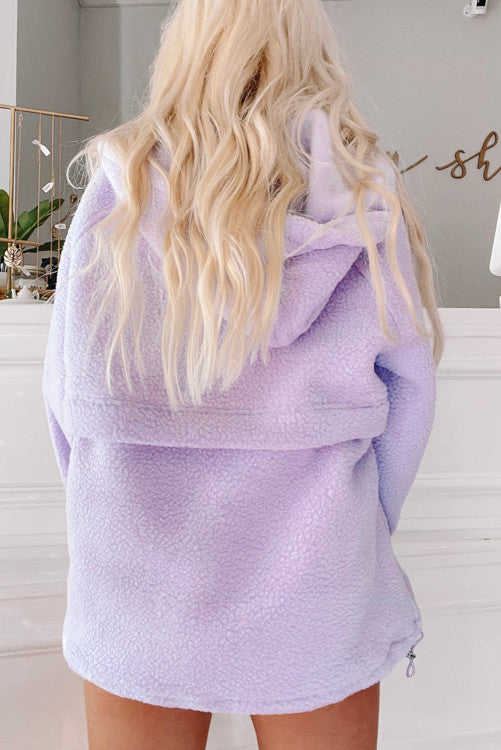 Lavender  Zipped Patch Pocket Fuzzy Drawstring Hoodie