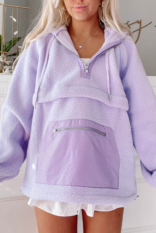 Lavender  Zipped Patch Pocket Fuzzy Drawstring Hoodie