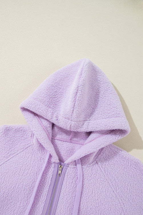 Lavender  Zipped Patch Pocket Fuzzy Drawstring Hoodie