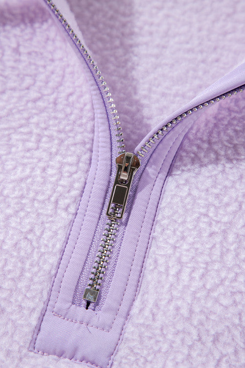 Lavender  Zipped Patch Pocket Fuzzy Drawstring Hoodie