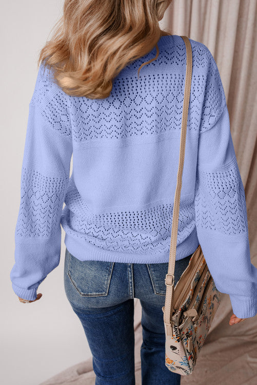 Sky Blue Eyelet Pattern Detail V Neck Drop Shoulder Sweater