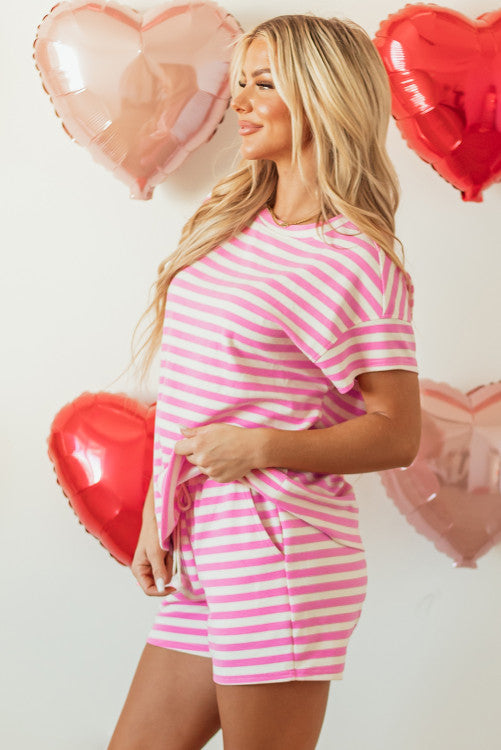 Rose Stripe Crew Neck T Shirt and Drawstring Shorts Set