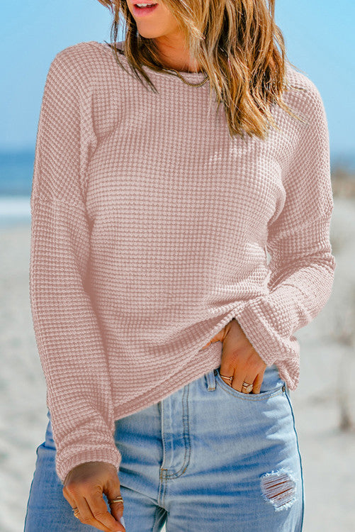 Light Pink Waffle Knit Drop Shoulder Long Sleeve Top