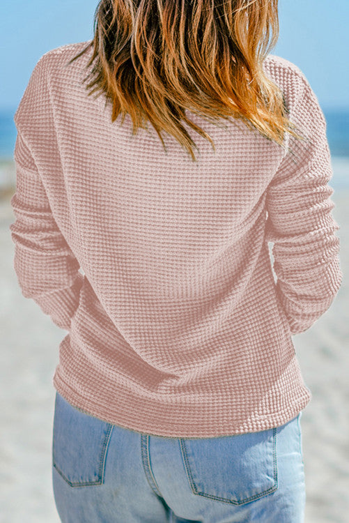 Light Pink Waffle Knit Drop Shoulder Long Sleeve Top