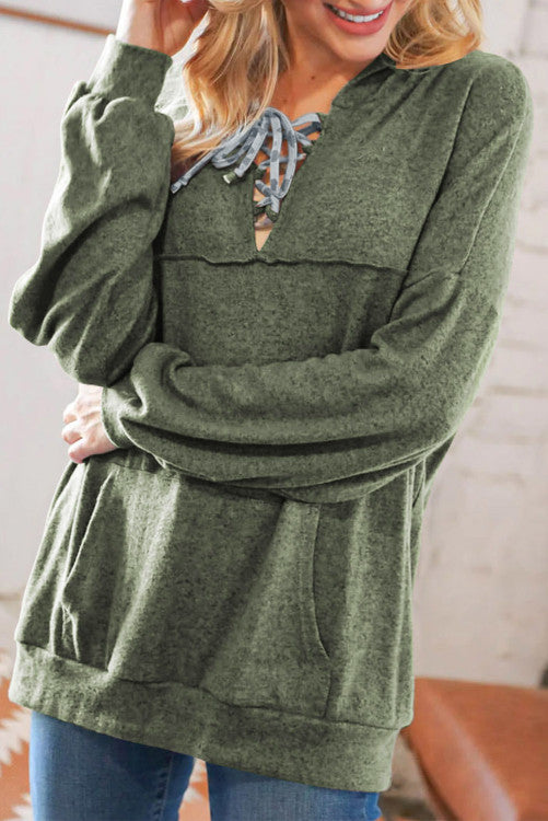 Green Lace up Marble Print Loose Hoodie