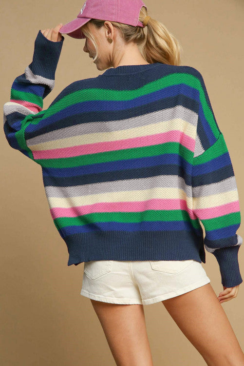 Bright Green Rainbow Striped Crew Neck Drop Shoulder Sweater