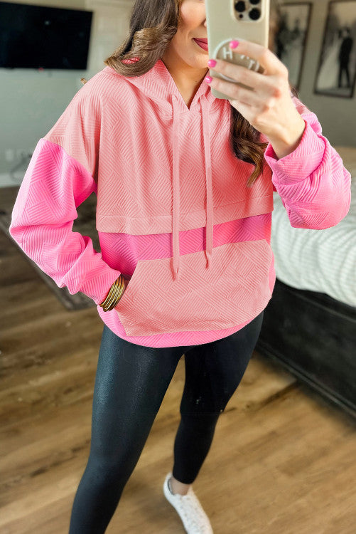 ⭐️NEW Pink Textured Color Block Kangaroo Pocket Drop Shoulder Hoodie