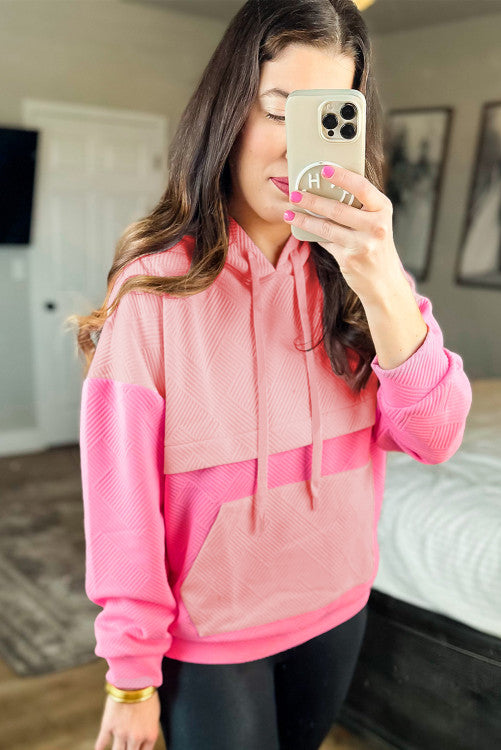 ⭐️NEW Pink Textured Color Block Kangaroo Pocket Drop Shoulder Hoodie