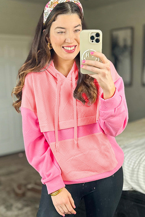 ⭐️NEW Pink Textured Color Block Kangaroo Pocket Drop Shoulder Hoodie