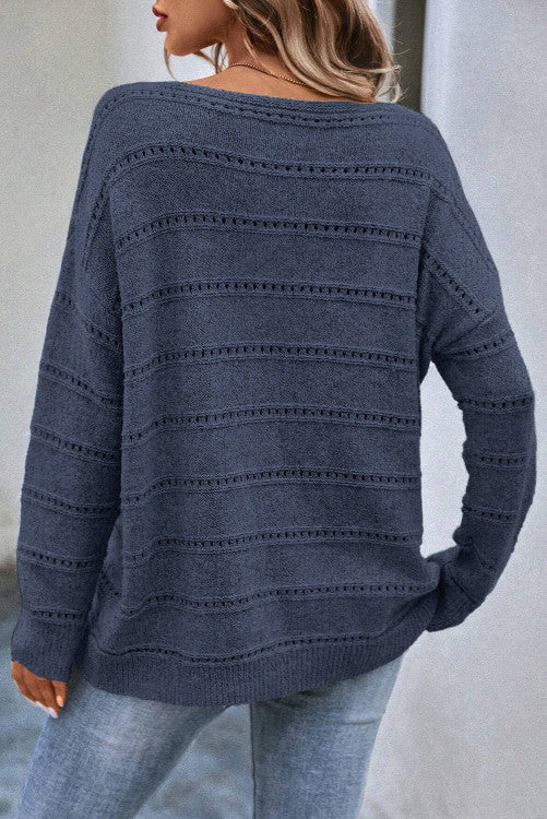 blue Neck Drop Shoulder Pointelle Knit Sweater