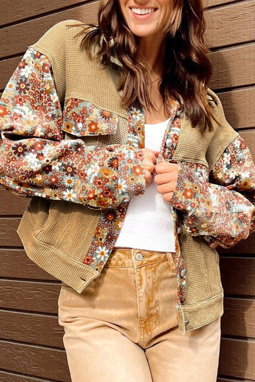 ⭐️ New Khaki Waffle Knit Floral Print Patchwork Button up Jacket