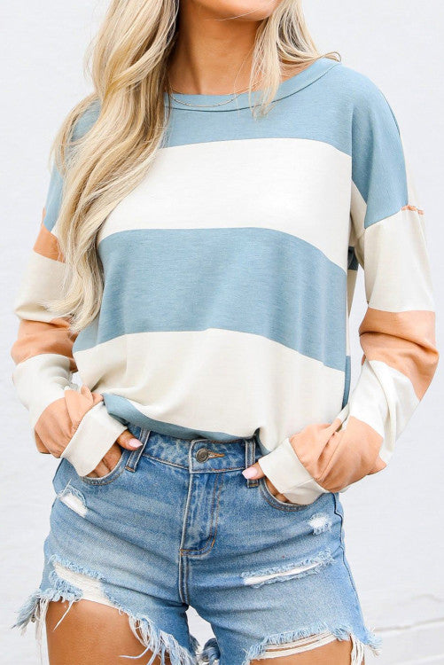 ⭐️ NEW Light Blue Colorblock Striped Drop Shoulder Long Sleeve Top