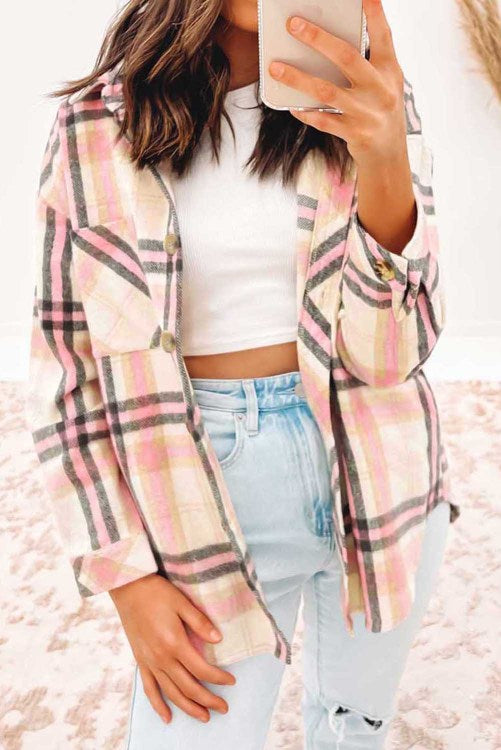 Pink Plaid Button Front Chest Pocket Shacket