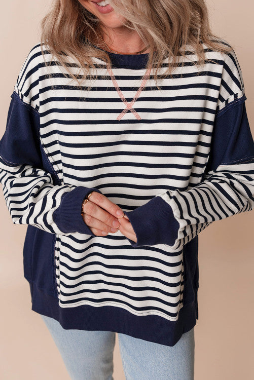 ⭐️ NEW White Stripe Color Block Exposed Seam Loose Fit Sweatshirt