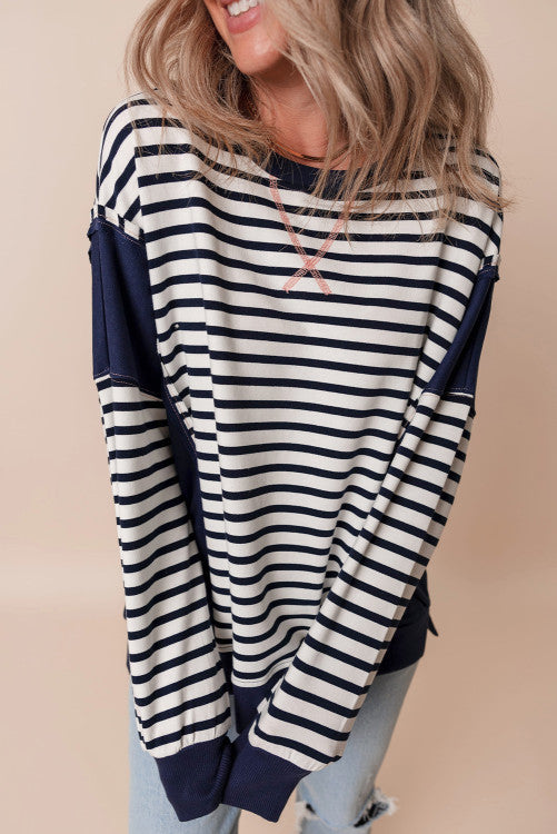 ⭐️ NEW White Stripe Color Block Exposed Seam Loose Fit Sweatshirt