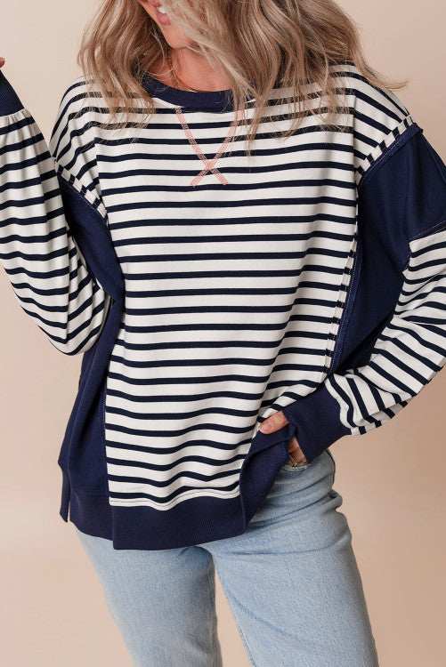 ⭐️ NEW White Stripe Color Block Exposed Seam Loose Fit Sweatshirt