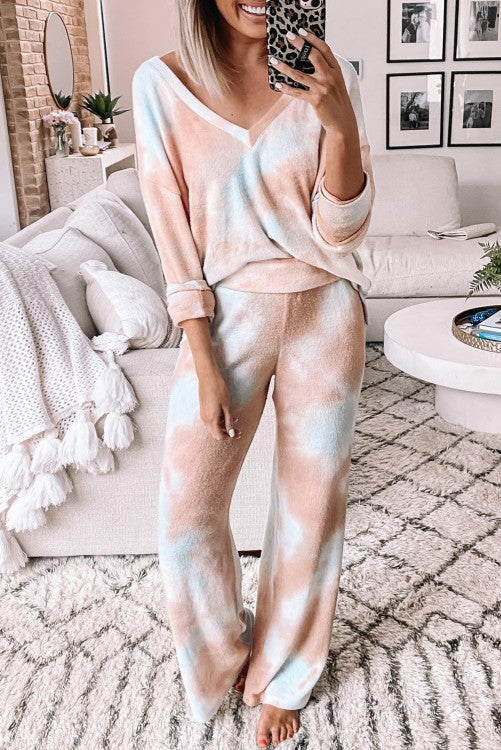 Multicolor Tie Dye Print V Neck  Lounge Set