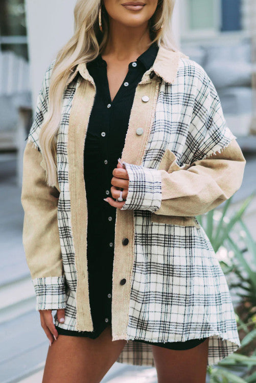 Khaki Distressed  Plaid Patchwork Denim Jacket