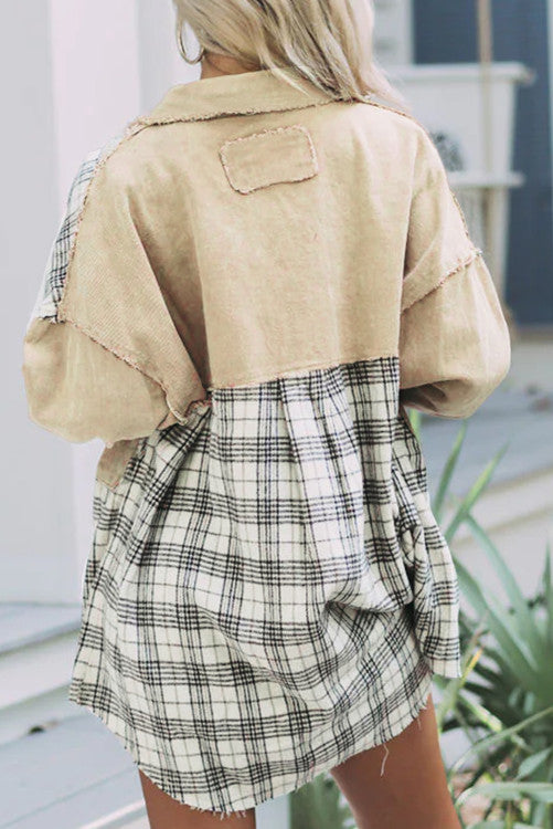 Khaki Distressed  Plaid Patchwork Denim Jacket