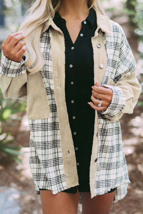 Khaki Distressed  Plaid Patchwork Denim Jacket