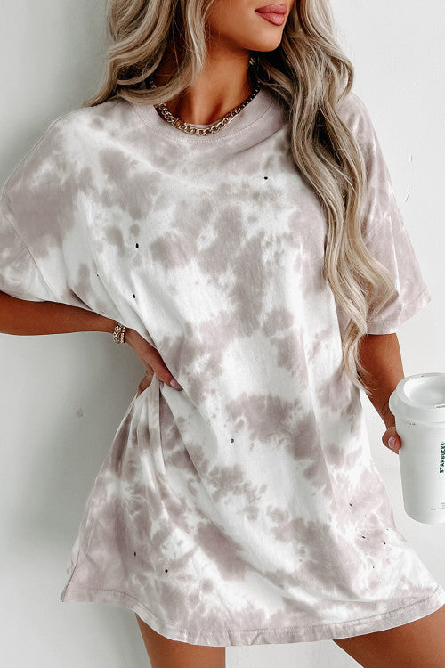 White Tie-dye Round Neck Short Sleeve Top