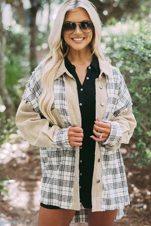 Khaki Distressed  Plaid Patchwork Denim Jacket