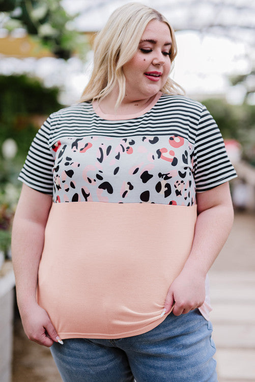 Stripes Leopard Colorblock Plus Size Top