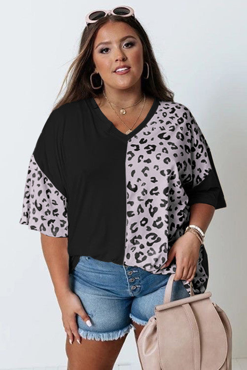 Black Plus Size Leopard Patchwork Short Sleeve Top