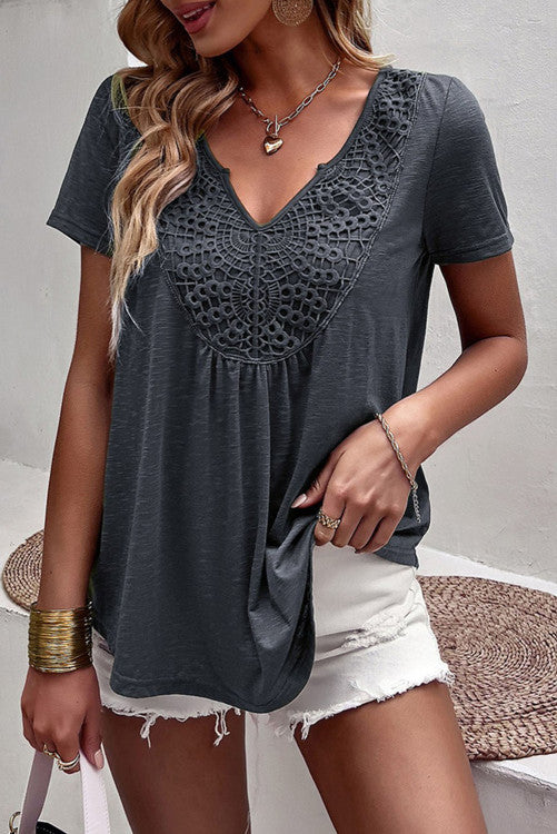 Gray Lace Crochet Patchwork V Neck T Shirt